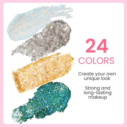evpct 24 Colors Glitter Eyeshadows Palette Makeup for Women, Black White Pink Green Blue Rainbow Sparkle Neon Metallic Shimmer Shiny Eyeshadow Palette, Body Pressed Eye Shadow Glitter Palette Makeup