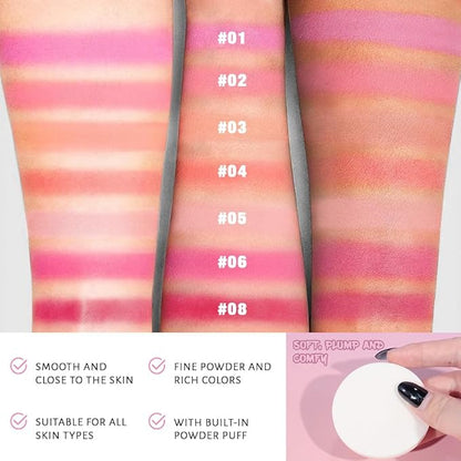 Natural Single Matte for Face Cheeks Blush with Makeup Powder Puff, Watermelon Pink Monochrome Blush Cream Powder Makeup Palette Blushes Long-lasting Blendable Foundation for Women Every Day 06