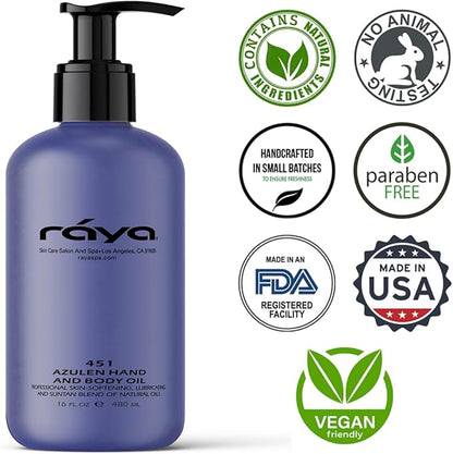 RAYA Azulen Hand and Body Oil 16 oz (451) | Softening and Natural Blend of Oils for Hands, Arms, Legs, and Body | Great as a Body Massage Oil | Great for All Skin