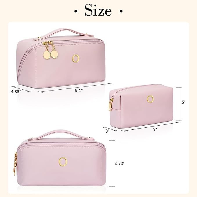 Birthday Gifts for Women Teen Girl, Personalized Initial Makeup Organizer Bag Set, Open Flat Travel Cosmetic Bag With Clear Divider and Handle(Pink,O)