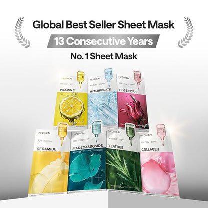 Mediheal Essential Mask (10pcs, Hyaluronate) 98% Pure Hyaluronic Acid for Long-lasting Hydration, Deep Skin Absorption & Moisture Barrier Vegan formula