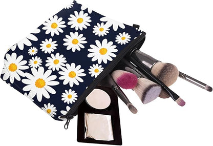 Cute Travel Makeup Bag Cosmetic Bag Small Pouch Gift for Women (Daisy Dark Blue)