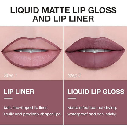 AMY'S DIARY 2pcs Matte Purple Red Lip Liner & Lipstick Makeup Set, Liquid Lipstick 24H and Lip Liner Set Matt Liquid Lips Make Up Waterproof Long Lasting (08#, 2 Pcs Set)