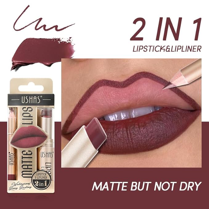 USHAS 2 in 1 Waterproof Lipstick and Lip Liner Combo Set, Long Lasting Matte Lip Pen for Women, Makeup Kit (G4, Pack of 1)