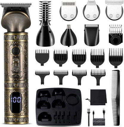 Beard Trimmer Kit Professional Hair Clipper Zero Gapped T-Blade Electric Shaver Razor Nose Body Trimmer for Men Cordless Grooming Kit 7 in 1