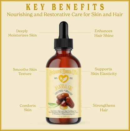 Natural Born Oils Jojoba Oil, 1 Gallon, Organic, Cold-Pressed, Vitamin-Rich, Deep Skin Hydration, Hair Revitalization