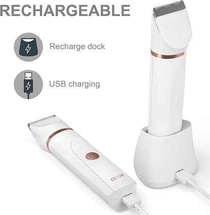 OLOV Electric Body Hair Trimmer - Groin Trimmer for Men - Bikini Trimmer Women - Wet/Dry Shaver Groomer, Replaceable Ceramic Blade Heads, USB Recharge Dock, Waterproof Hygiene Razor, White