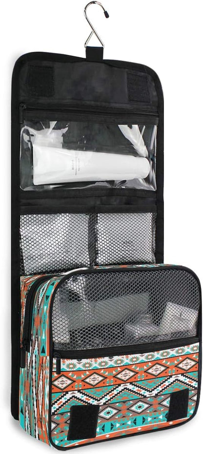 Hanging Toiletry Bag Ethnic Aztec Geometric Portable Travel Cosmetic Makeup Bag Bathroom Shower Shaving Kit Organizer Bag for Men Women