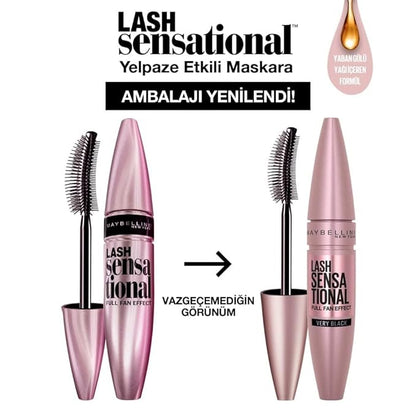 Maybelline Lash Sensational Mascara, Lengthening and Volumizing | Very Black | Washable | Full Fan Effect | Pack of 2
