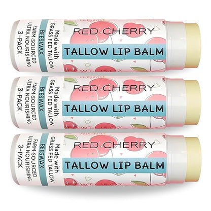 Tallow Lip Balm by Cattle Creek – Organic, All-Natural Ingredients, Long-Lasting Moisture and Hydration for Dry, Cracked, and Chapped Lips, Soothing Formula for Soft Skin (Pack of 3, Red Cherry)