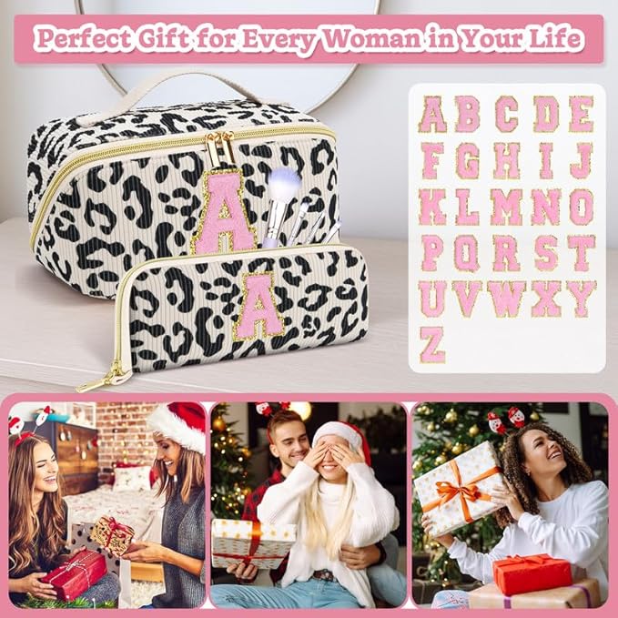 Personalized Travel Makeup Bag Set,Initial Travel Cute Leopard Makeup Organizer Bag,Toiletry Skincare Cosmetic Bag,Christmas Gifts for Women/Girls,Open Flat Toiletry Pouch with Brush Pocket-O