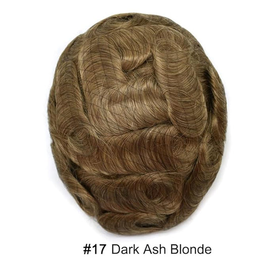 Mens Toupee Human Hair Piece French Lace Toupee for Man Hair System Indian Human Hair Replacement Systems V-Looped PU Front Hairpieces 7"X9" 17#DARK ASH BLONDE