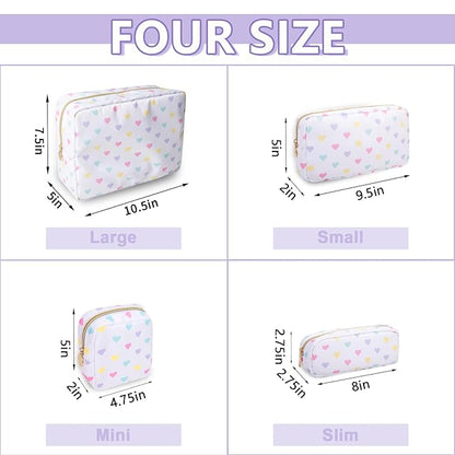 Small Makeup Bag Pouch for Purse，Nylon Travel Toiletry Storage Bag Cute Makeup Organizer Bag for Women Girls，Preppy Waterproof Cosmetic Bag Pouch Skincare Bag Purse with Zipper (Small-White Heart)