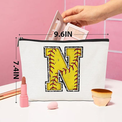 Softball Gifts Initial Makeup Bag Monogrammed Cosmetic Bag Letter N Zipper Pouch Softball Accessories for Girls Women Softball Player Coach Friend Softball Stuff Graduation Birthday Gifts