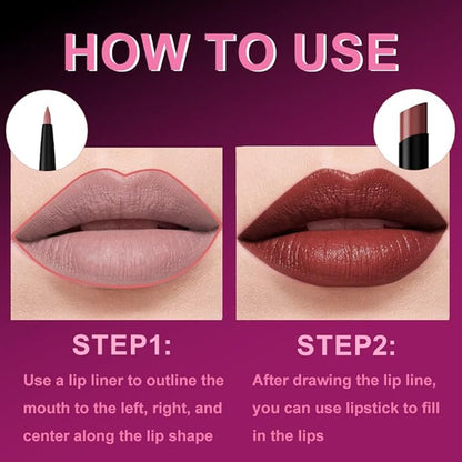 6Pcs 2 in 1 Orange Red Brown Plum Lip Liner and Lipstick Combo Set for Women,Lipstick Stain Lip Liner for Daily & Party Long Lasting Waterproof Smudge Proof 24 Hour Full Coverage Vegan Lip Makeup Kit