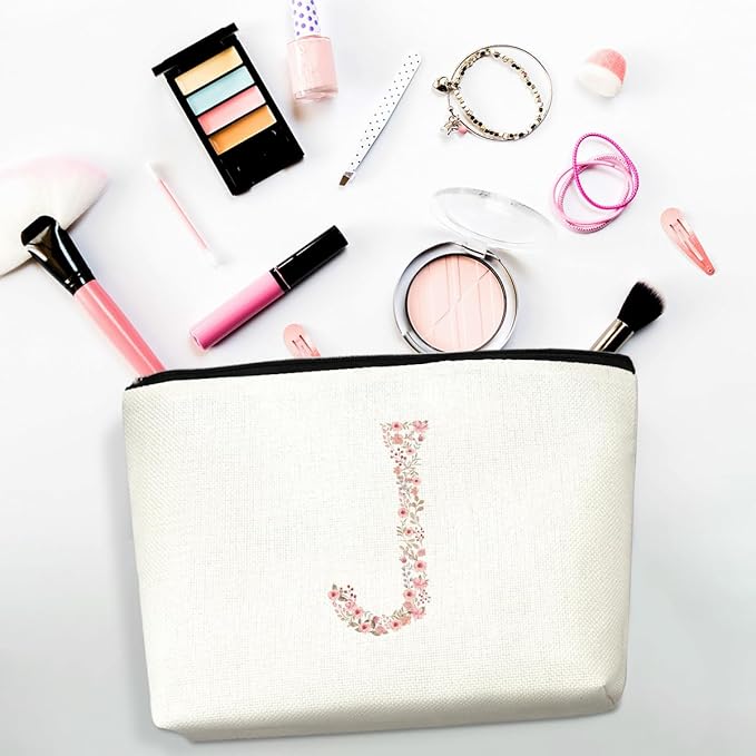 Initial Makeup Bag Floral J Personalized Cosmetic Bag Monogrammed Gifts for Women Girls Bride Friends Monogram Zipper Pouch for Teacher Appreciation Mothers Day Birthday Wedding Bridal Shower Gifts