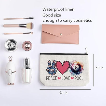 Billiards Gifts Billiards Lover Gifts Billiards Cosmetic Makeup Bag Pool Player Gift Cue Sports Merchandise Peace Love Lucky 8 Pool Travel Toiletry Makeup Organizer Zipper Pouch