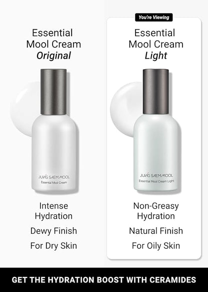 JUNG SAEM MOOL Essential Mool Cream Light 1.7 Fl Oz, Hydrating Water Cream with Ceramide and Centella, Perfect Prep Step Before Cushion Foundation for Smooth, Radiant Finish, Korean Skincare