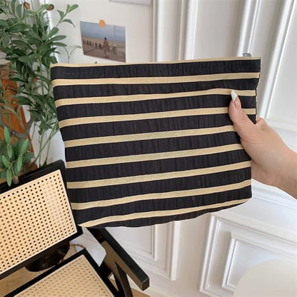 PAZIMIIK Floral Makeup Bag Large Cotton Zipper Pouch for Purse Travel Canvas Make Up Organizer for Women Cosmetic,Stripe Black