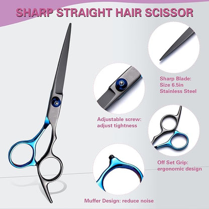 Hair Cutting Scissors Kit 11PCS, Professional Haircut Scissors with Japanese Stainless Steel Shears, Thinning Shears, Haircut Accessories in Leather Case for Salon/Home (Black - Blue)