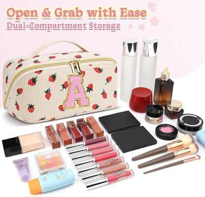 Personalized Travel Makeup Bag Set,Initial Travel Strawberry Makeup Organizer Bag,Toiletry Skincare Cosmetic Bag,Christmas Gifts for Women/Girls,Open Flat Toiletry Pouch with Brush Pocket-T