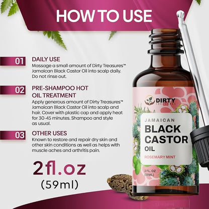Dirty Treasures Rosemary Peppermint Castor Hair & Scalp Treatment - Nourishing Oil for Hair Growth, Dry/Damaged Hair, Eczema & Split Ends - 2oz