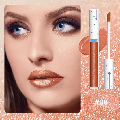 evpct 1Pcs Bronze Gold Metallic Glitter Lip Gloss Stain Lipstick for Women Long Lasting Waterproof 24, Orange Gold Frosted Metallic Shimmer Glossy Chrome iridescent Liquid Lipstick Lip Gloss Makeup 08