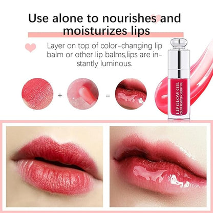 Hydrating Lip Glow Oil, Lip Oil Gloss Transparent Toot Tinted Nourishing Long Lasting Repairing Lightening Lip Lines (CLEAR TO PINK) 0.2 OZ