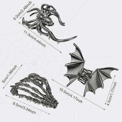 3 Pieces Large Metal Spider Net Bat Hand Hair Claw Clips for Women and Girls Thick Long Hair, Nonslip Skeleton Spooky Barrette Headband Hair Styling Accessories for Halloween Christmas Gifts