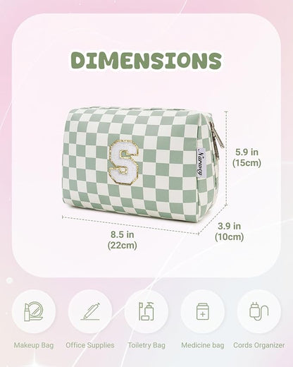 Narwey Birthday Gifts for Teen Girls Women Personalized Initial Checkered Makeup Bag Preppy Cosmetic Bag Trendy Stuff 6 8 10 11 12 13 14 16 18 Years Old Travel Toiletry Bag (Green Letter S)