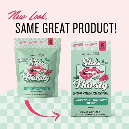 Legendairy Milk She’s Thirsty – Watermelon, Hydration Packets | Cortisol Supplement for Stress Relief & Adrenal Support | Coconut Water Electrolytes Powder, No Sugar Added 18 ct