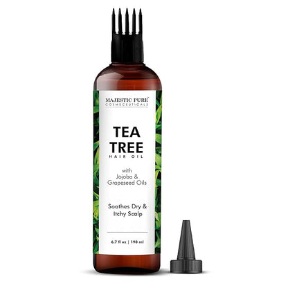 Majestic Pure 100% Pure Tea Tree Oil For Hair Growth - Strengthening, Nourishing, Volumizing - Infused with Jojoba Oil & Grapeseed Oil - Non GMO Verified - 6.7 Fl Oz