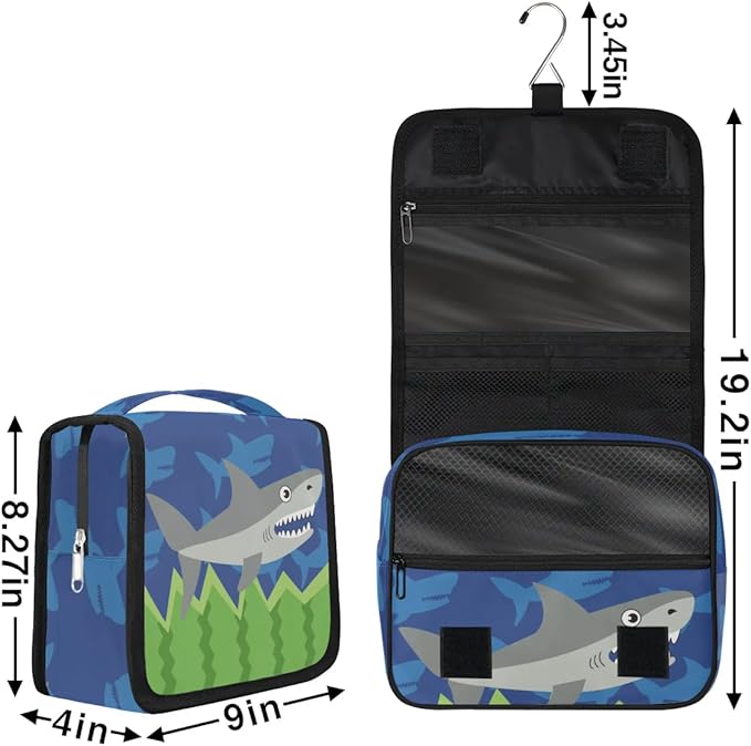 Funny Shark Hanging Travel Toiletry Kit Bag with Hook for Men and Boys, Ocean Animal Makeup Case Waterproof Cosmetic Bag Storage Bag Organizer for Accessories Toiletries