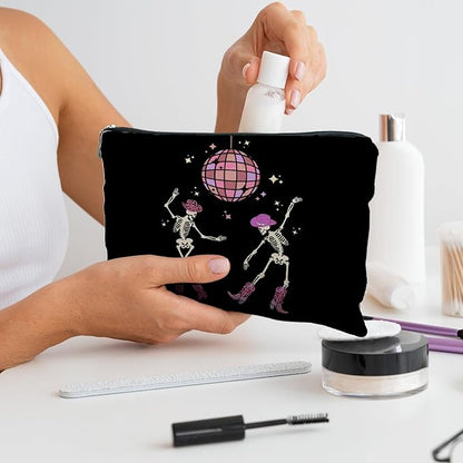 Funny Disco Dancing Skeleton Makeup Bag, Goth Gothic Skull Cosmetic for Women, Halloween Gifts, Dark Academia Makeup Pouch, Horror Bag