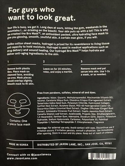 JAXON LANE BRO MASK: Korean Face Mask for Men | 2 Pc. Hydrating Anti Aging Sheet Masks Contain Vitamin C, Vitamin E, Hyaluronic Acid, Hydrolyzed Collagen for Face Care, Acne Treatment (4 X 4 Packs)