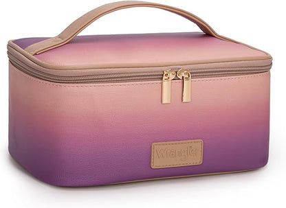 Montana West X Wrangler Travel Makeup Bag 2pcs Set Large Cosmetic Bag with Makeup Brush Holder Portable Make Up Organizer Cute Toiletry Bag with Divider and Handle for Women Gradient