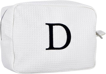 Personalized White Waffle Makeup Bag,Custom Embroidered Initial Cosmetic Pouch for Women,Monogrammed Cosmetic Case,Bridesmaid Gifts (D)