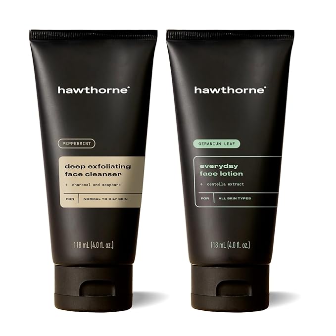 Hawthorne Deep Exfoliating Men’s Skin Care Kit. Exfoliating Men’s Facial Care Kit With Charcoal Face Wash Cleanser and Everyday Face Lotion For Normal to Oily Skin. Natural, Non-Toxic. 4 Fl. Oz. Each.