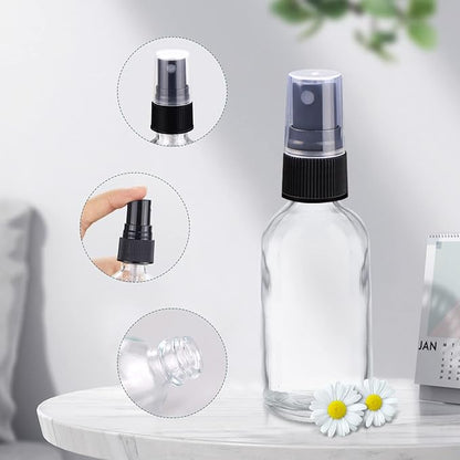Wedama 2 oz Mini Glass Spray Bottles, Empty Small Spray Bottles with Funnel Dropper, Fine Mist for Hair, Travel, Plants, Cleaning Solutions and Skin Care (4 Pack Clear)