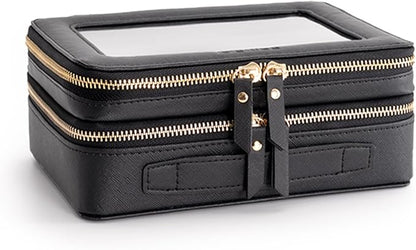 Aveniee XL Clear Makeup Organizer,Double Layer Travel Cosmetic Case with Brush Holder & Zippered Compartments,Big Toiletry Bag for Travel Accessories,2 Layers Large,Black