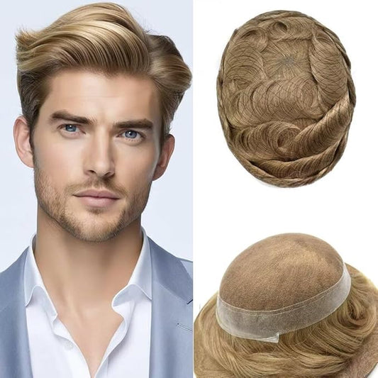 Toupee for Men French Lace Human Hair Replacement Systems Lace Center with Poly Around Hair Piece Mens Toupee Hair Units for Man V-Looped Front Male Hair Units 6"X9" 17R#BROWN/BLONDE MIX WARM TONE