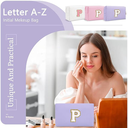 Personalized Makeup Bag Initial A-Z Preppy Patch Bag,Small PU Leather Travel Cosmetic Bag Pouch with Zipper,Purple Cute Toiletry Bag,Gift Ideal for Teen Girls Women Birthday Friend Mom,Latter P