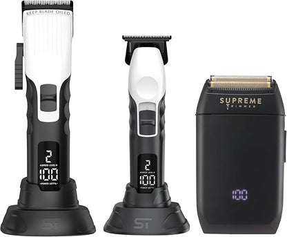 Supreme Trimmer 3-in-1 Barber Bundle | 2Spee Clipper, 2Spee Trimmer & Crunch Foil Shaver | Professional Beard Trimmer Men’s Hair Clipper Kit | White