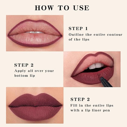 2Pcs Longwear Liquid Lip Liner Stain Marker Pen Set Long Lasting Waterproof, Black Cherry Wine Red Matte Permanent 24 Hour Lip Liner and Lipstick Combo, Color Stay Lipliner All Day Lips Stain peel off