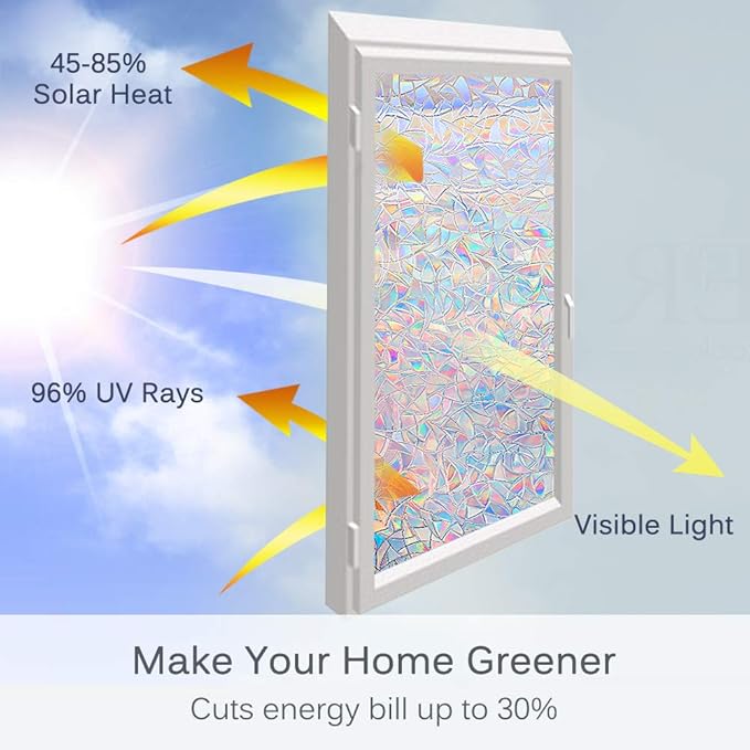 Volcanics Window Privacy Film Static Window Clings Vinyl 3D Window Decals Window Stickers Rainbow Window Film for Glass Door Heat Control Anti UV 23.6 x 59 Inches