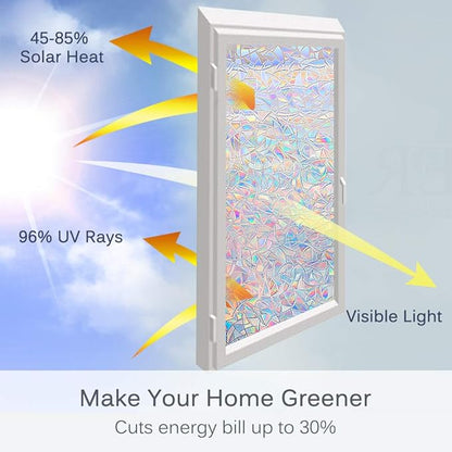 Volcanics Window Privacy Film with Installation Tools, Static Clings Vinyl 3D Decals, Stickers Rainbow Film for Glass Door Heat Control Anti UV 29.5 x 78.7 Inches