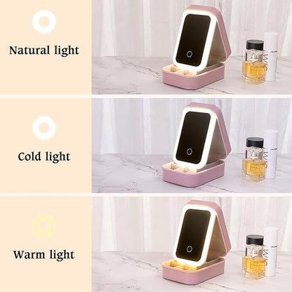 Custom Birth Flower Travel Makeup Bag With LED Mirror Leather Personalized Name Makeup Organizer Portable Jewelry Organizer Case Birthday Christmas Gifts For Women Daughter Mother