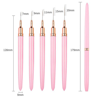 WOKOTO 5 Pcs Pink Nail Art Liner Brushes Painting Detail Nail Brushes For Nail Art Tools Set Nail Dotting Drawing Tool For Long Lines Thin Details Fine Drawing Sizes 4/8/12/20/25mm Thin Nail Brush