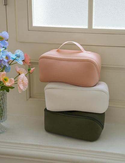 Yarnic White Neoprene Travel Makeup Bag Cosmetic Bag, Large Capacity Toiletry Bag for Women, Portable Pouch Cute Make Up Organizer with Divider and Handle