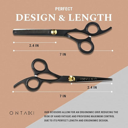 Ontaki Hair Cutting & Thinning Japanese Steel Shears Kit - 7-Inch, Black - Professional Hair Shears - Stainless Steel Thinning Scissors - Barber Scissors Kit with Comb & Pouch